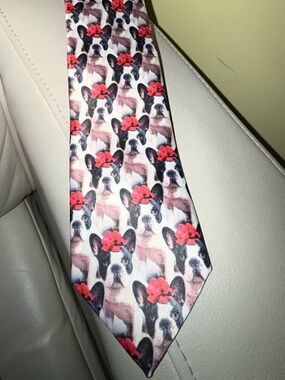 Playful French Bulldog Print Tie in White, Black & Red - Men Accessories